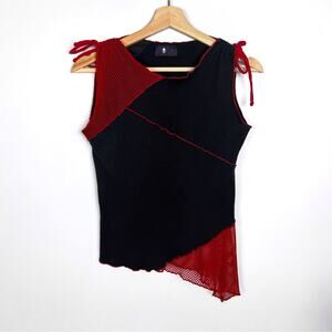 Y2K Morbid Threads Asymmetric Fishnet Goth Tank Top Black Red Vintage Hot Topic